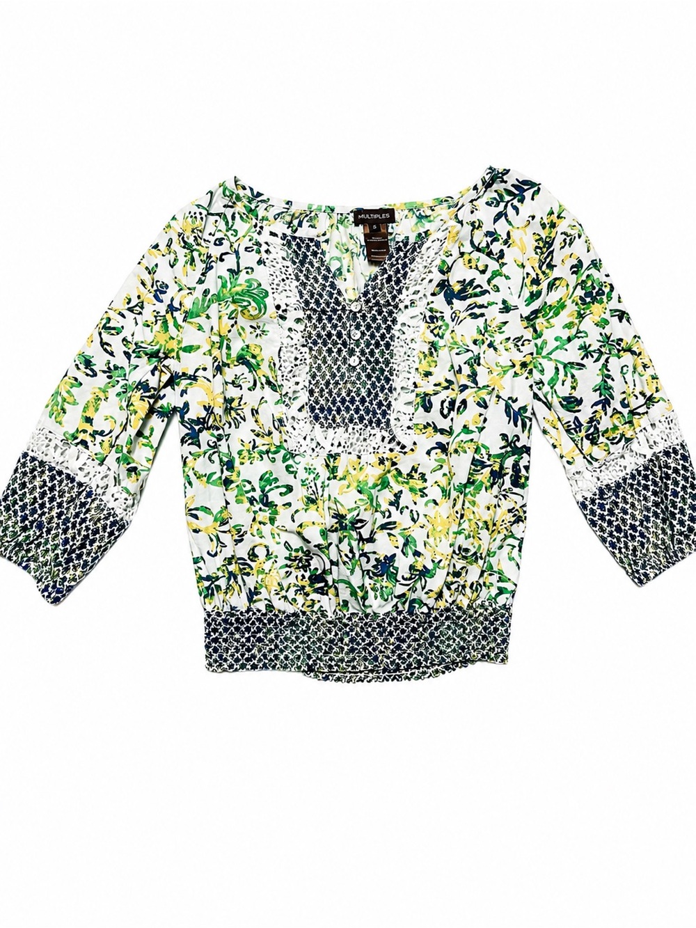 Multiples Floral Peasant Blouse XS 100% Cotton Boho Cottagecore Lace Trim